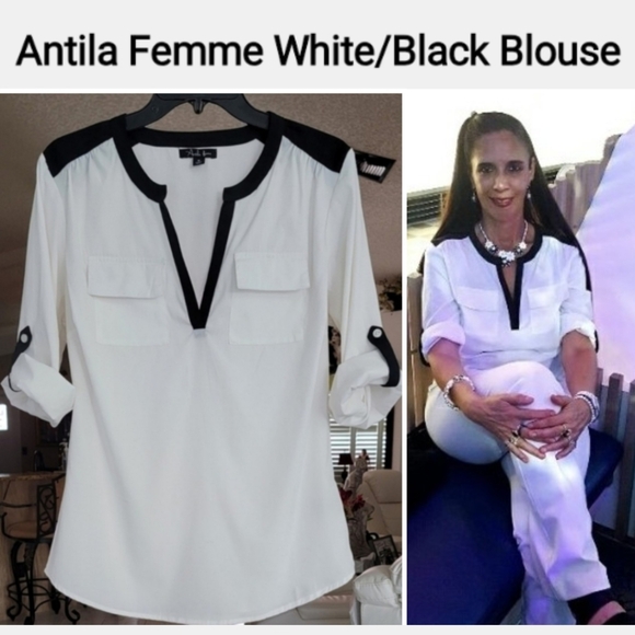 Antila Femme Tops - Antila Femme Women's White/Black Blouse, Size M